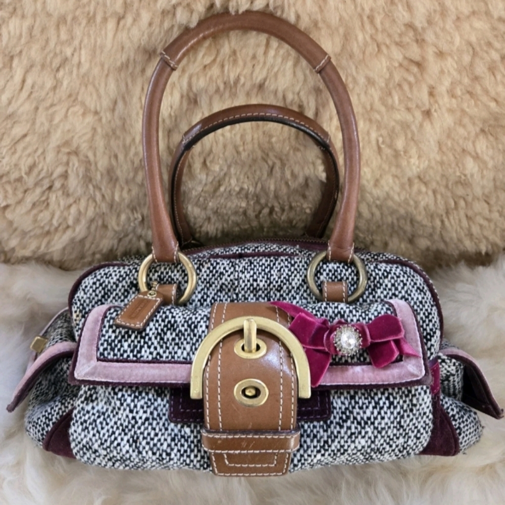 Vintage 2000s Coach Soho 2005 Tweed Satchel with Swarovski Bow 8F03
